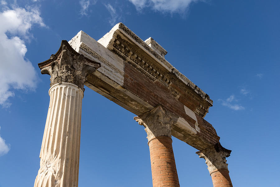 Ancient Pompeii Broken Treasures - A Skyward View of a Classical Corinthian Colonnade Photograph by Georgia Mizuleva