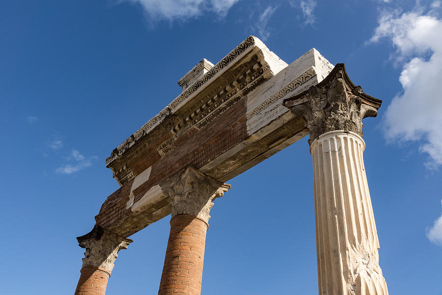 Ancient Pompeii Broken Treasures - A Skyward View of a Classical Corinthian Colonnade Right Photograph by Georgia Mizuleva