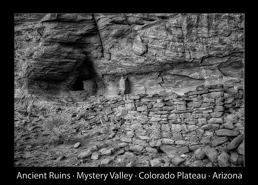Black And White Mixed Media - Ancient Ruins Mystery Valley Colorado Plateau Arizona 02 BW Text Black by Thomas Woolworth
