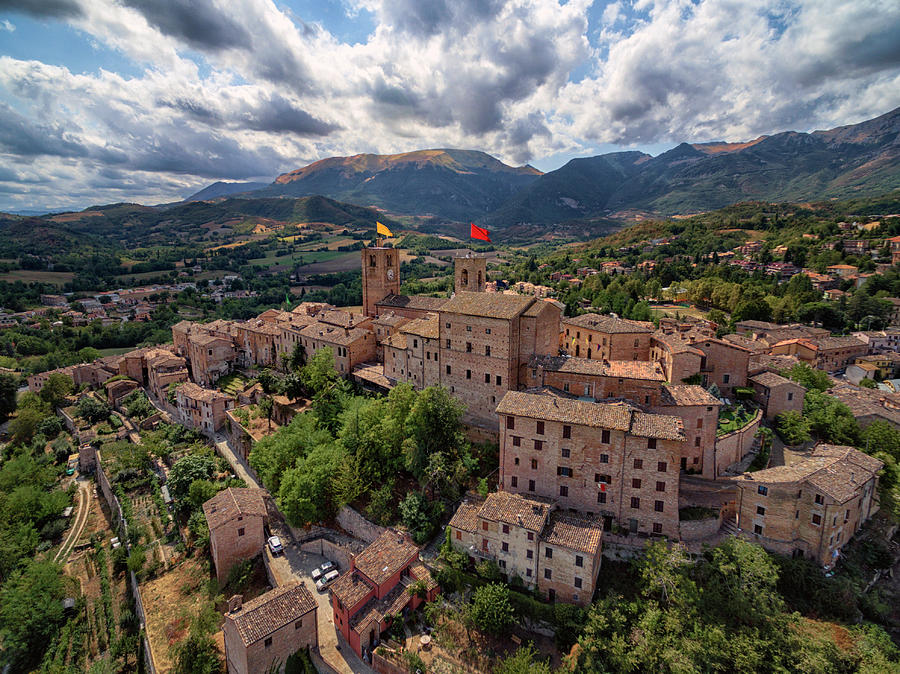 Ancient Village of Sarnano Italy, Marche, Macerata - Aerial View 