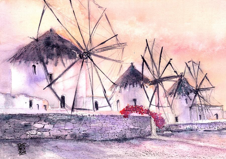 Ancient Windmills of Mykonos Greece Painting by Sabina Von Arx
