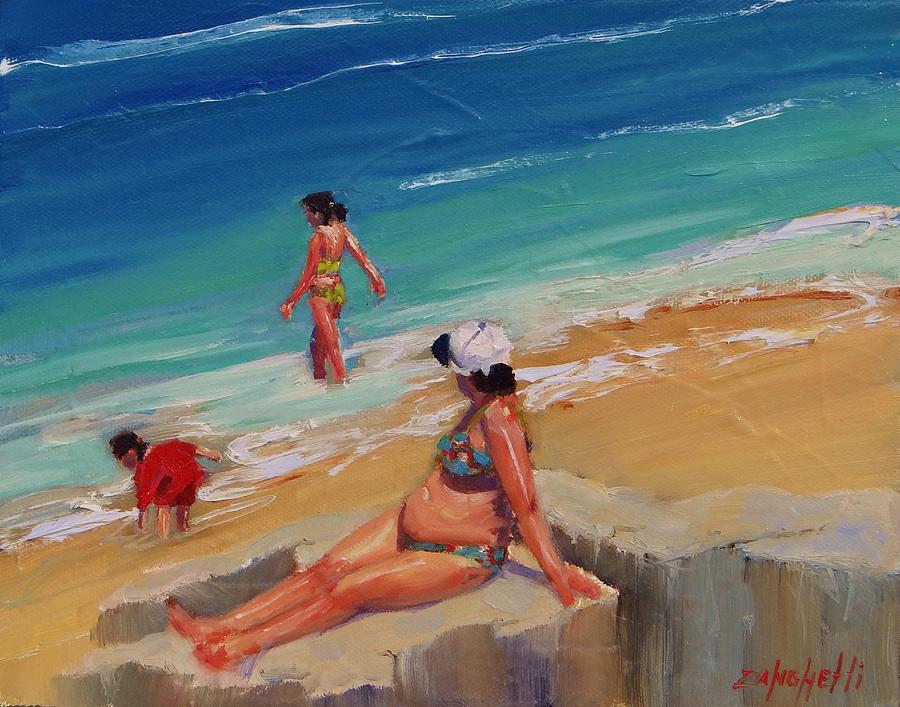 Beach Scene Painting - And Baby Makes Three by Laura Lee Zanghetti
