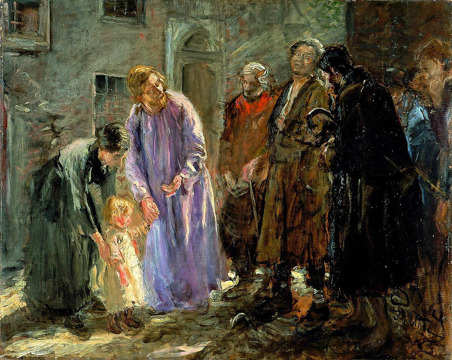 And Jesus called a little child unto him and set him in the midst of them Painting by Fritz von Uhde