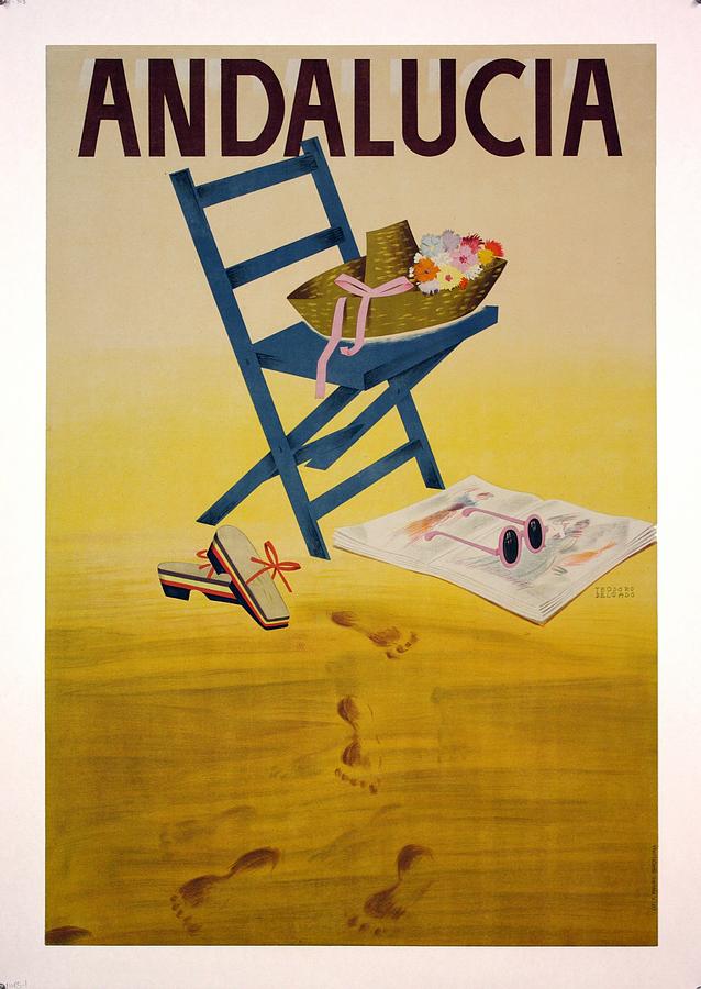 Andalucia, Spain - Deckchair with Retro Hat, Shoes, Sunglass - Retro travel Poster - Vintage Poster Mixed Media by Studio Grafiikka