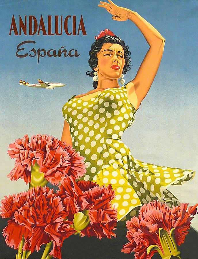 Vintage Painting - Andalusia, Spain, dancing woman, vintage airline poster by Long Shot