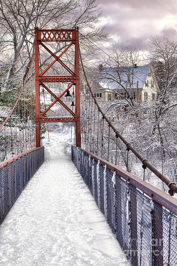Androscoggin Swinging Bridge and Yellow House in Winter Photograph by Olivier Le Queinec