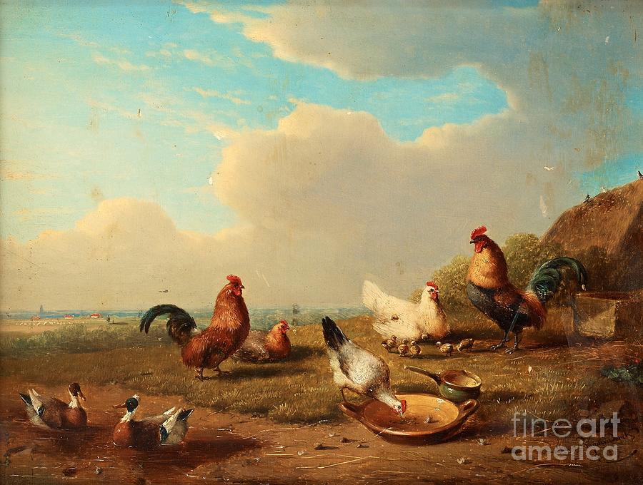 Andscape With Hens Painting by Celestial Images