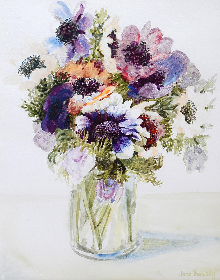 Anemones in a Glass Jug Painting by Joan Thewsey