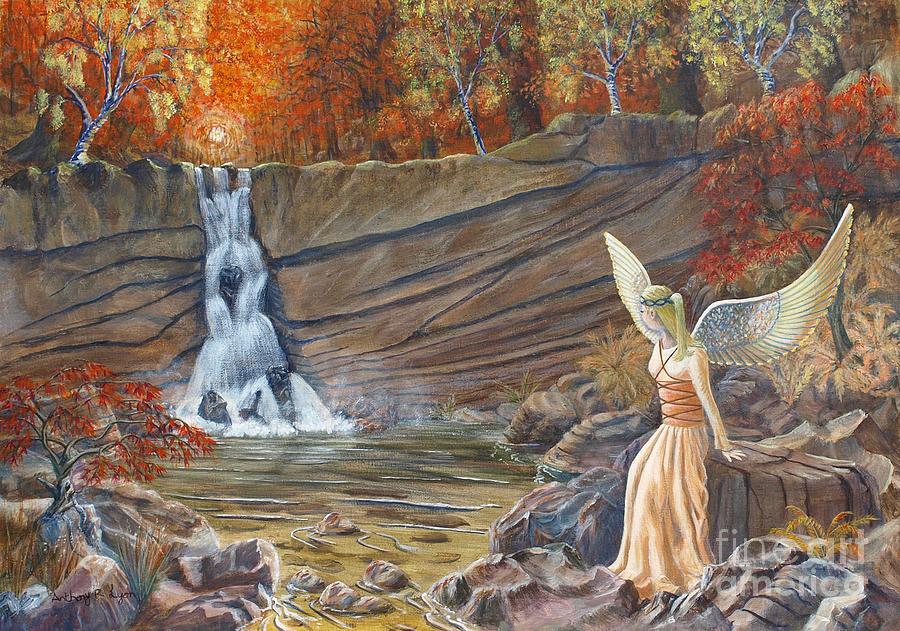 Sunset Painting - Angel At The Waterfall by Anthony Lyon