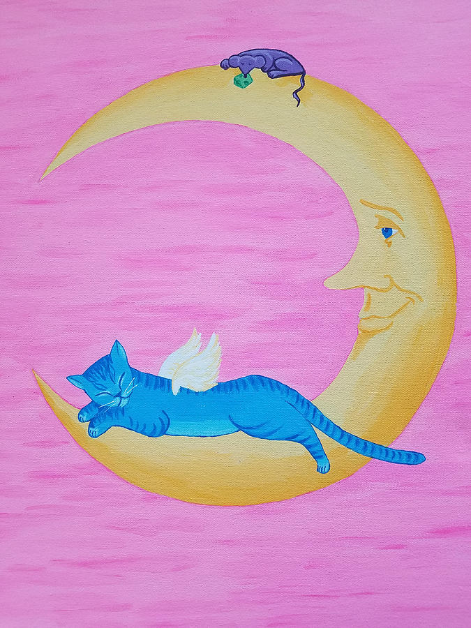 Angel Cat sleeping on the Moon Painting by Johnny McNabb - Pixels