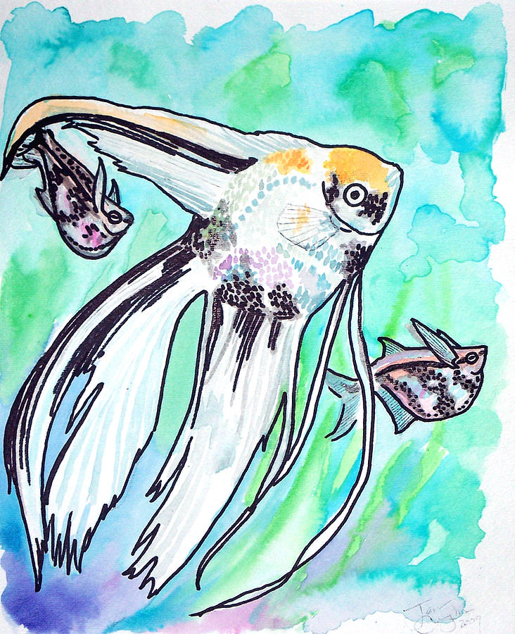 Fish Painting - Angel Fish And Hatchet Tetras by Jenn Cunningham