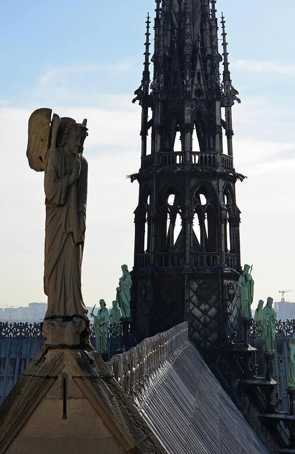 Angel Gabriel Blowing Horn by Gothic Steeple of Notre Dame Cathedral Paris France Photograph by Shawn OBrien