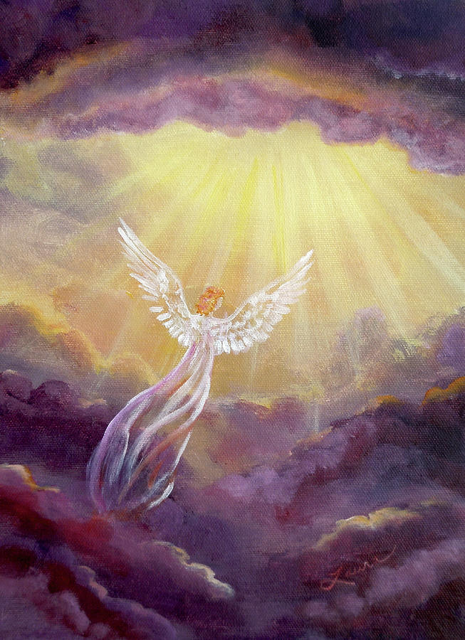 Angel in Mauve Clouds Painting by Laura Iverson