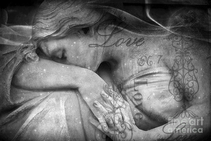 Angel In Mourning - Angel Crying Sad Cemetery Mourner At Grave - Angel Love Script Valentine Print Photograph by Kathy Fornal