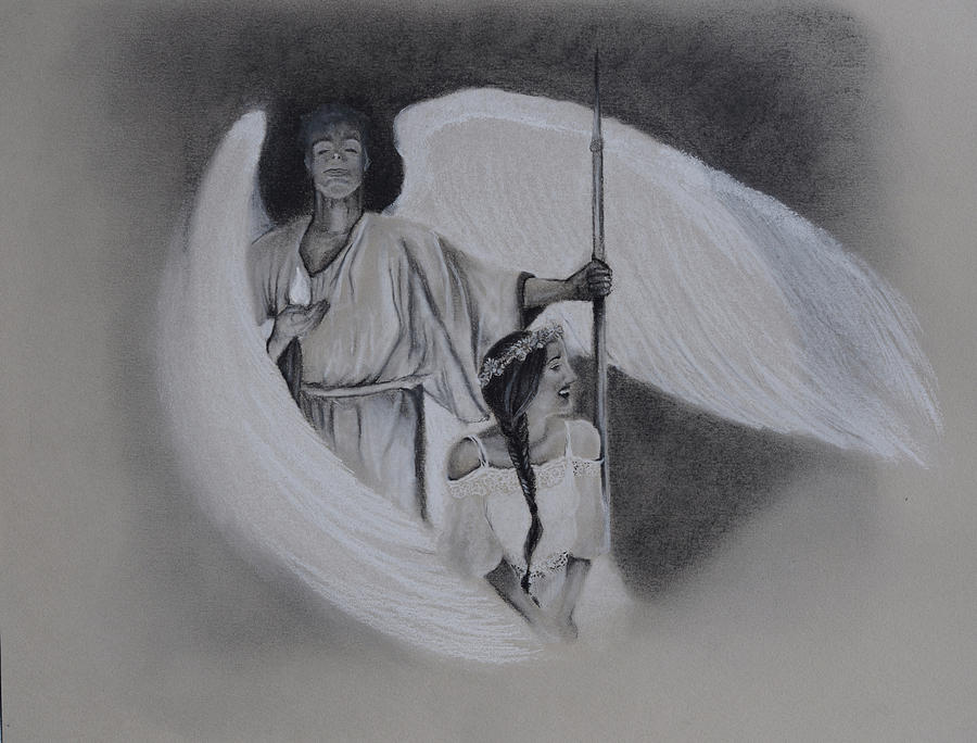 Charcoal Drawing - Angel Watching Over You. Zoe by Catt Kyriacou
