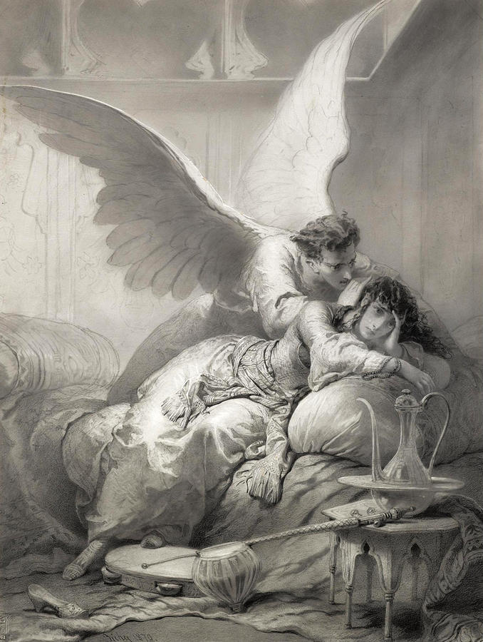 Angel whispering to an Odalisque Drawing by Mihaly Zichy