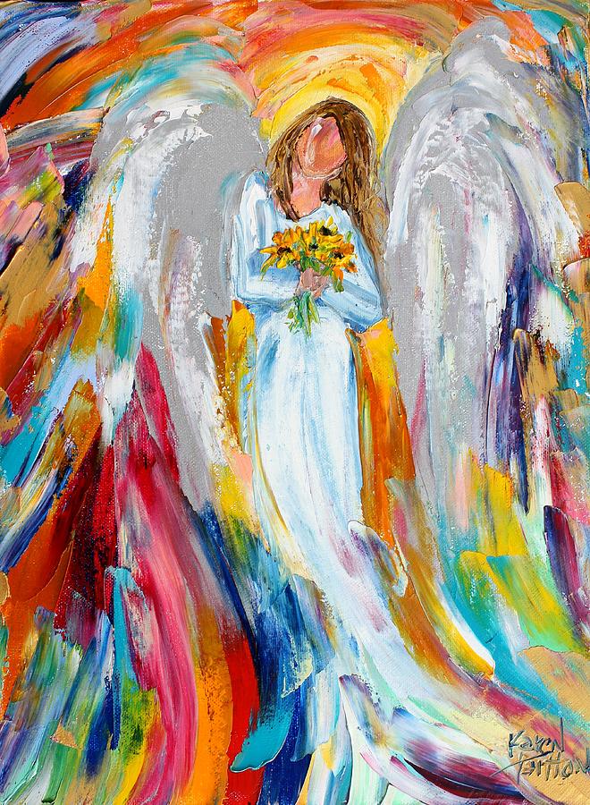 Angel with Golden sunflowers Painting by Karen Tarlton