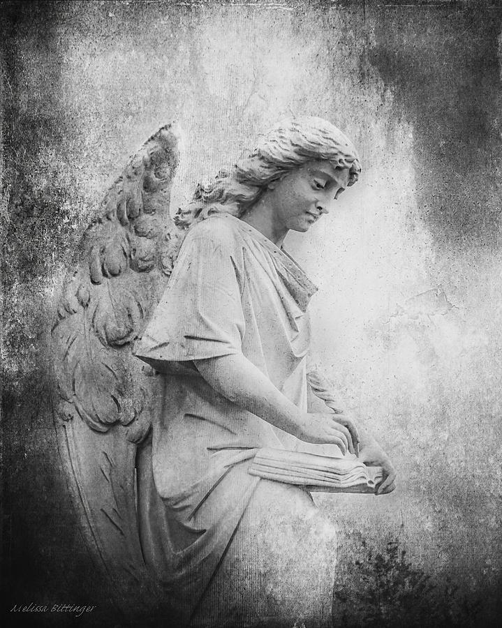 Angel with The Book of Life Black and White Photograph by Melissa Bittinger