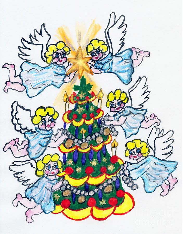 Angels and Christmas tree, painting Painting by Irina Afonskaya