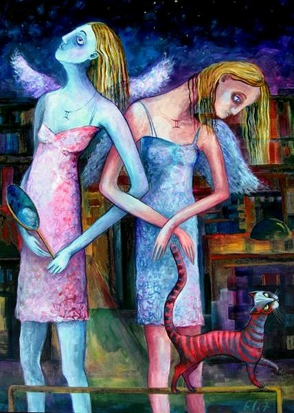Cat Painting - Angels Of Zodiac. Gemini The Twins by Elisheva Nesis