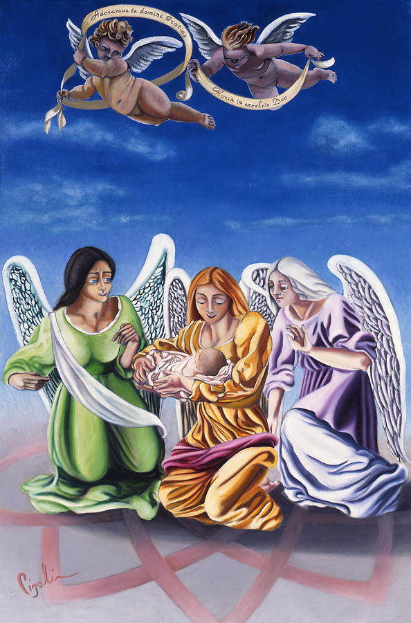 Angels Painting - Angels with New Born by Gloria Cigolini-DePietro