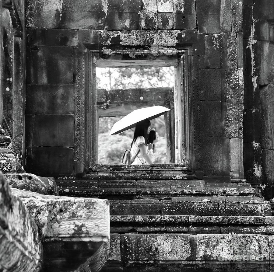 Angkor Frame Woman Umbrella BW Photograph by Chuck Kuhn
