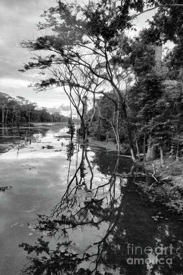 Angkor is Surrounded by this Moat  Bw Photograph by Chuck Kuhn