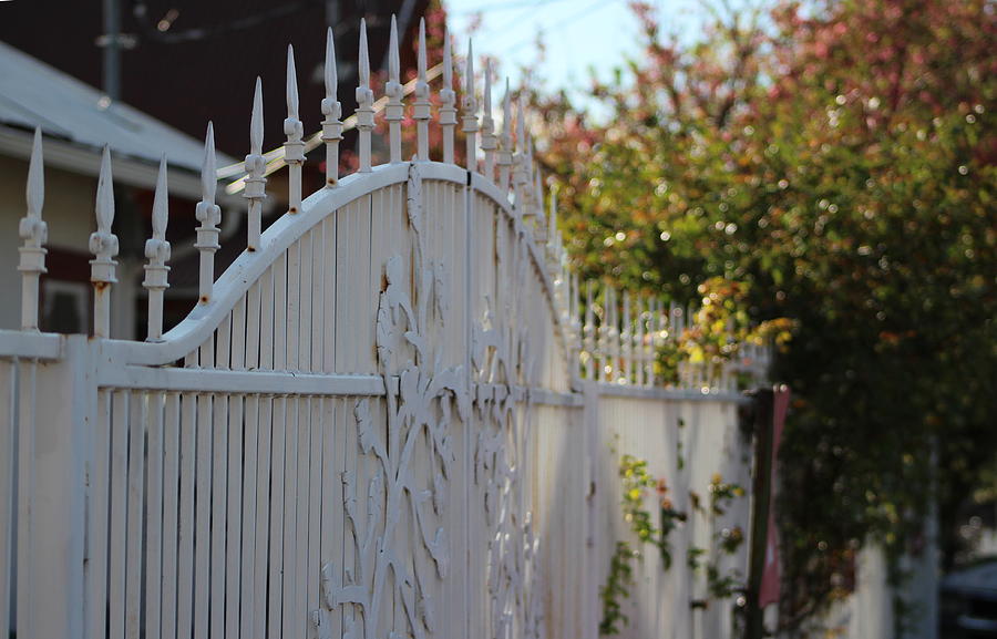 White Photograph - Angled Closeup of White Washed Iron Gate to Garden by Colleen Cornelius