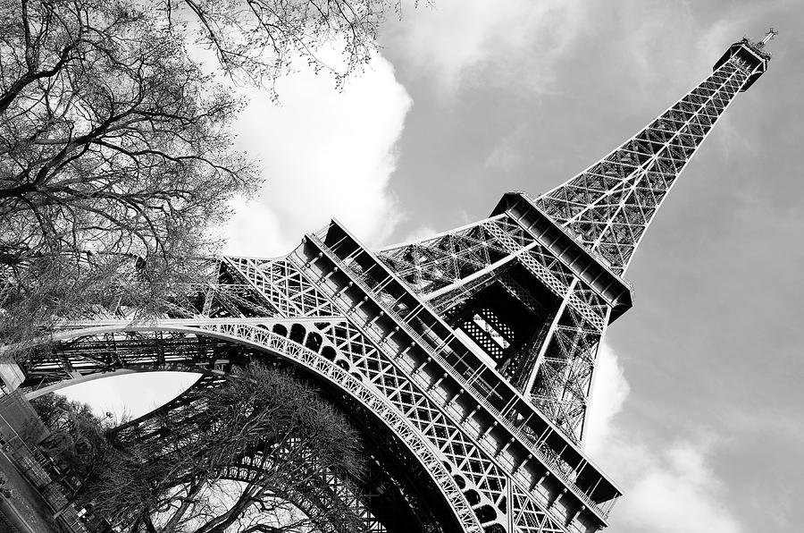 Angled Eiffel Tower from Base to Summit Sringtime Paris France Black and White Photograph by Shawn OBrien
