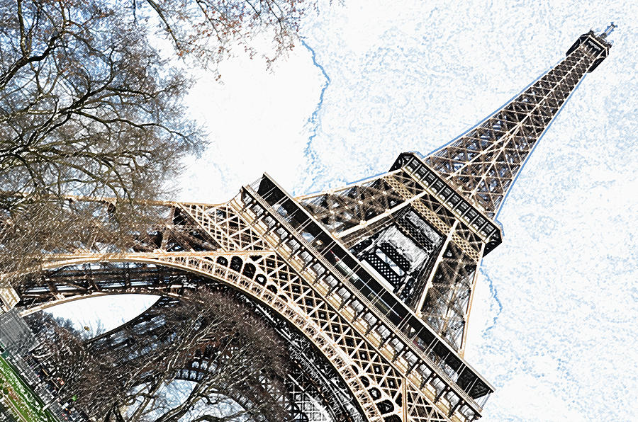 Angled Eiffel Tower from Base to Summit Sringtime Paris France Colored Pencil Digital Art Digital Art by Shawn OBrien
