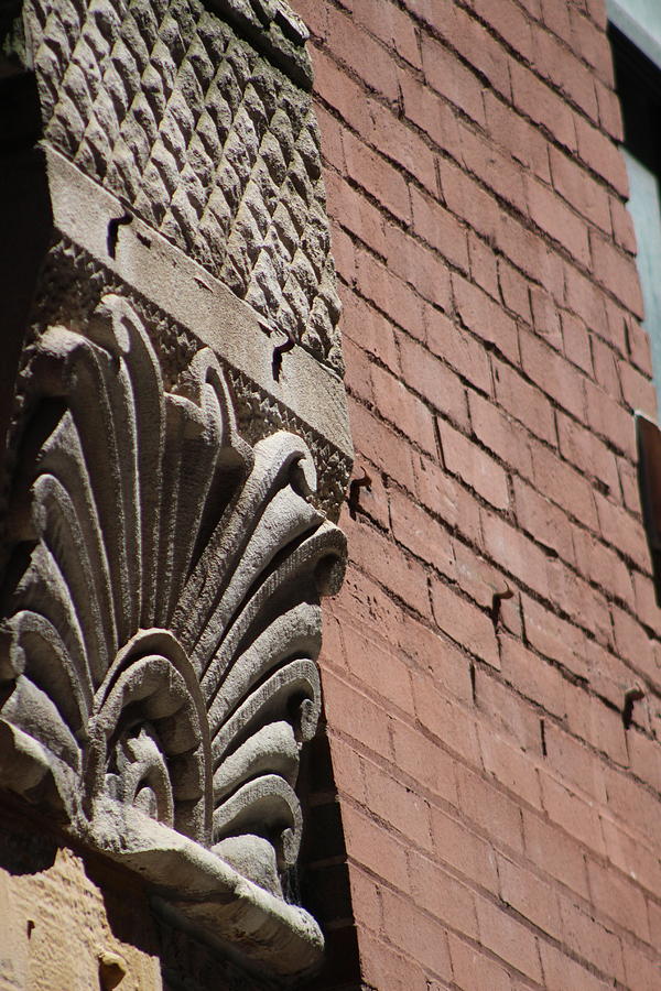 Architecture Photograph - Angled View or Decorative Molding on Brick Building by Colleen Cornelius