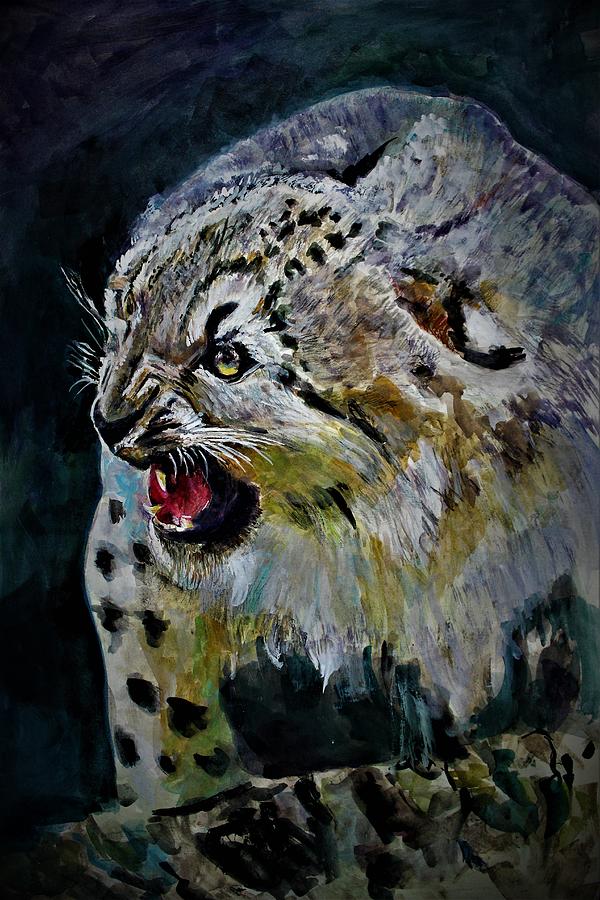 Angry snow leopard Painting by Khalid Saeed