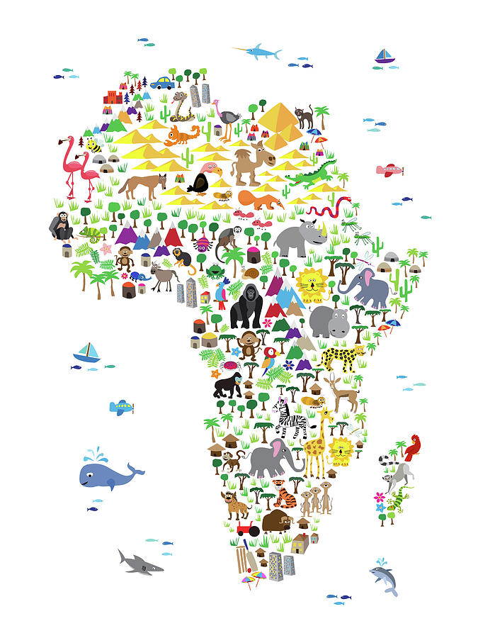 Animal Map of Africa for children and kids Digital Art by Michael Tompsett