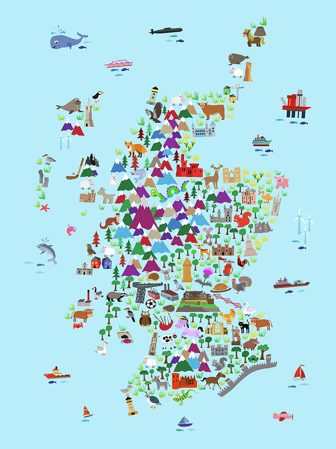 Animal Map of Scotland for children and kids Digital Art by Michael Tompsett