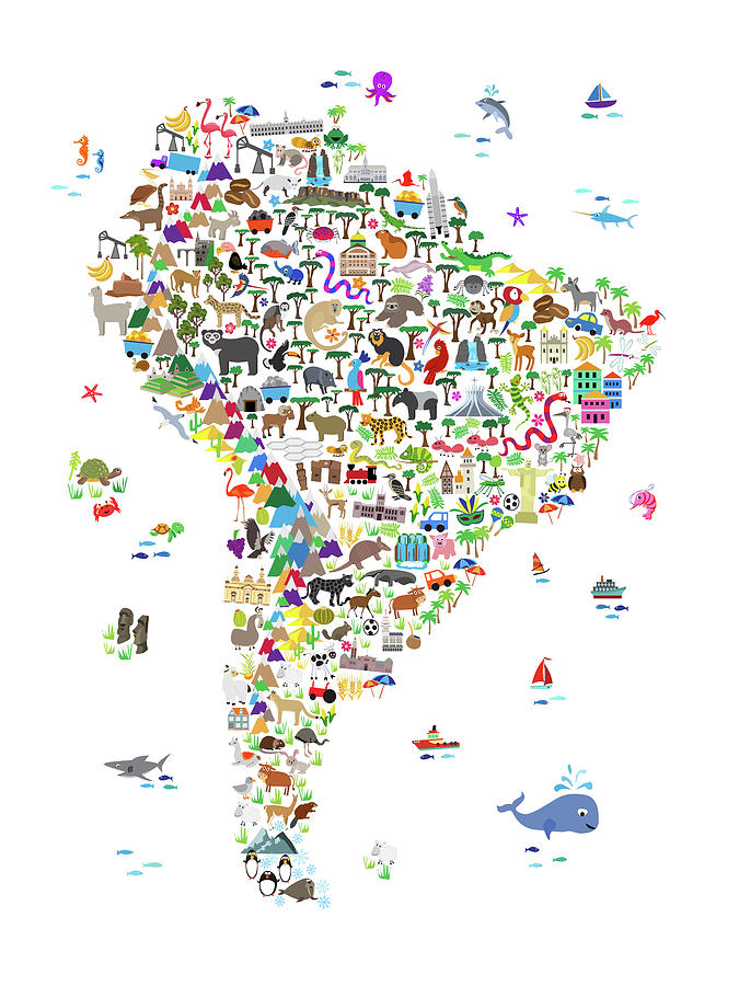 Animal Digital Art - Animal Map of South America for children and kids by Michael Tompsett