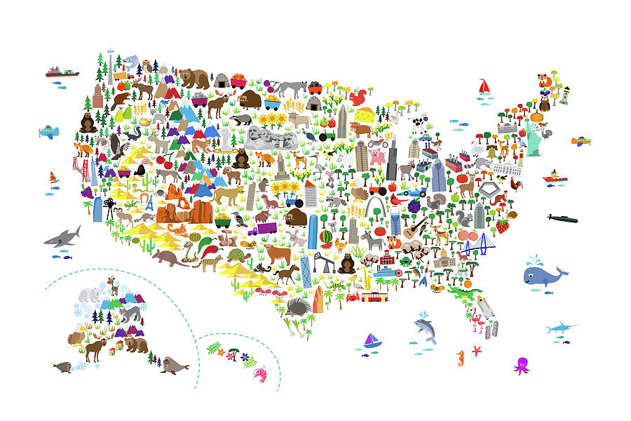 Animal Digital Art - Animal Map of United States for children and kids by Michael Tompsett