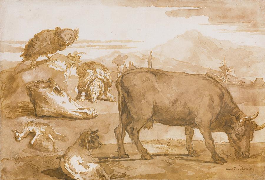 Animals In A Landscape Painting by Giovanni Domenico Tiepolo