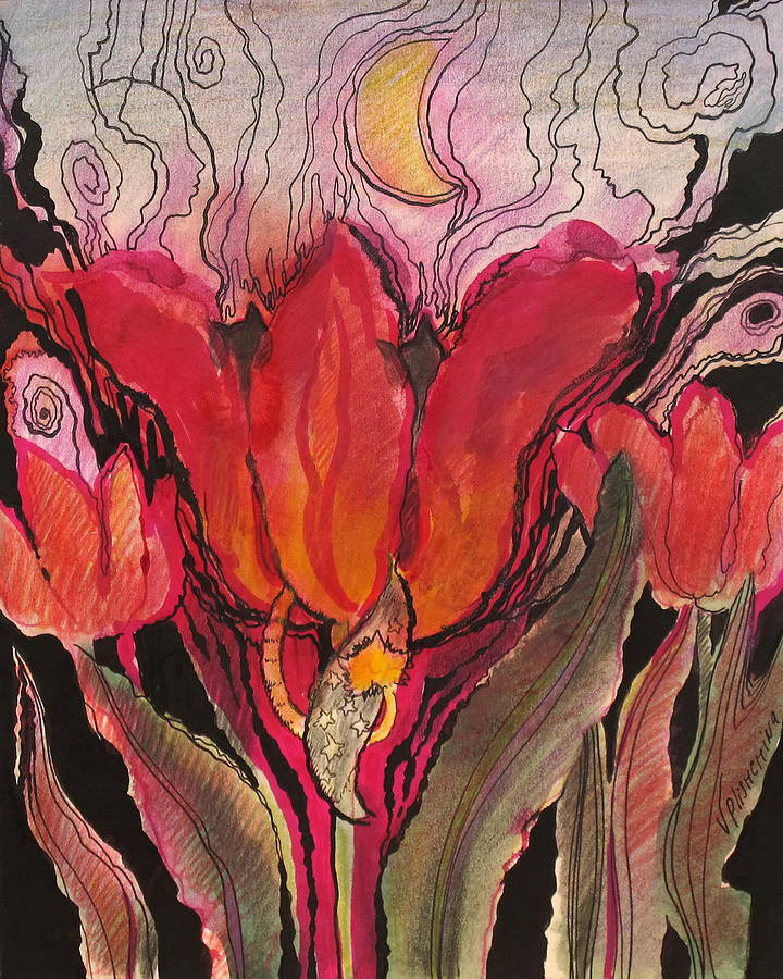 Animals in the tulip Painting by Valentina Plishchina