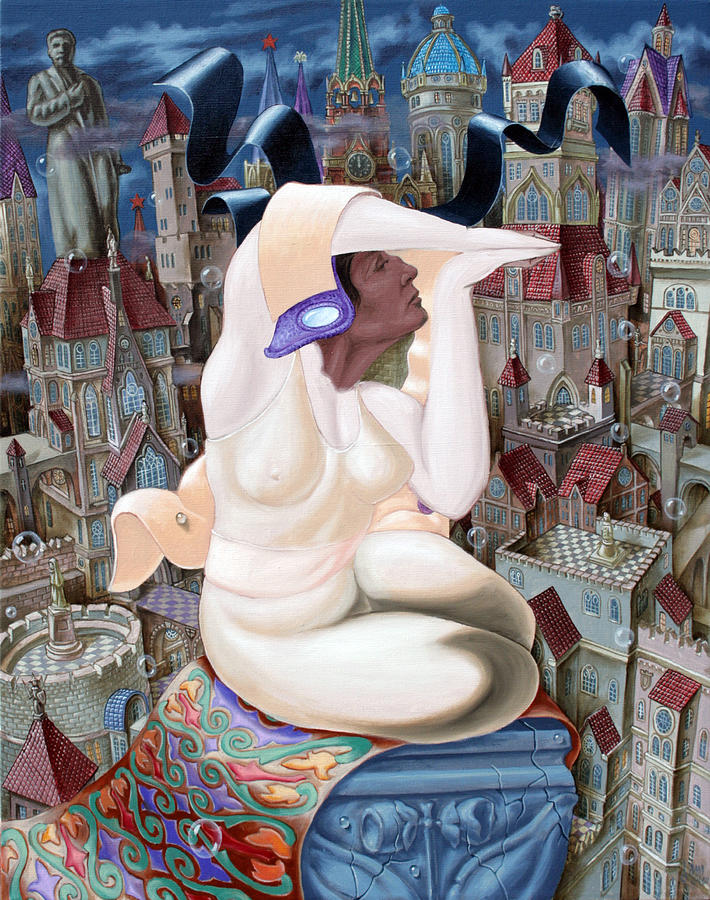 Anna Akhmatova over City of Creaking Statues Painting by Victor Molev