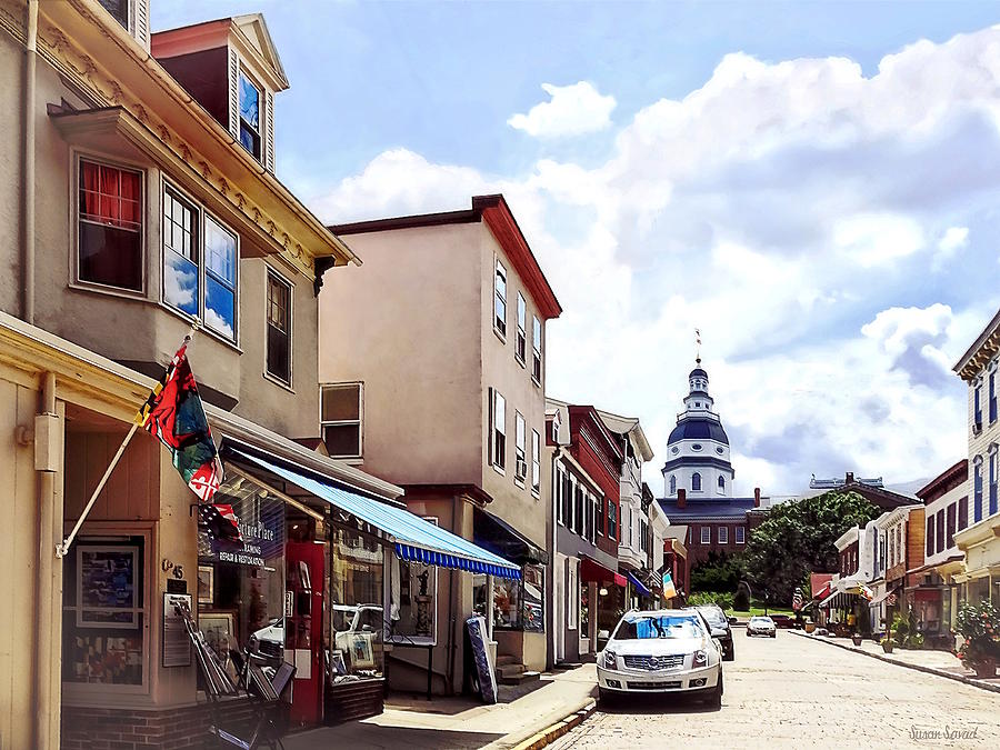 Car Photograph - Annapolis MD - Shops on Maryland Avenue and Maryland State House by Susan Savad