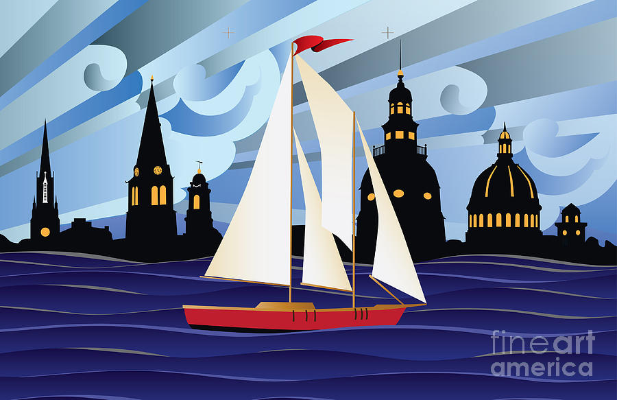 Annapolis Skyline Red Sail Boat - horizontal Digital Art by Joe Barsin