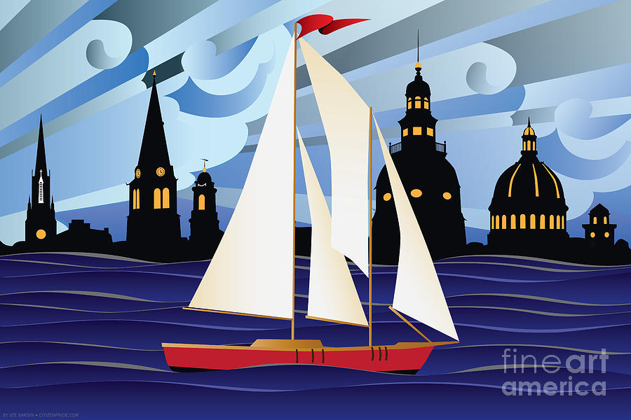 Skyline Digital Art - Annapolis Skyline Red sail boat by Joe Barsin