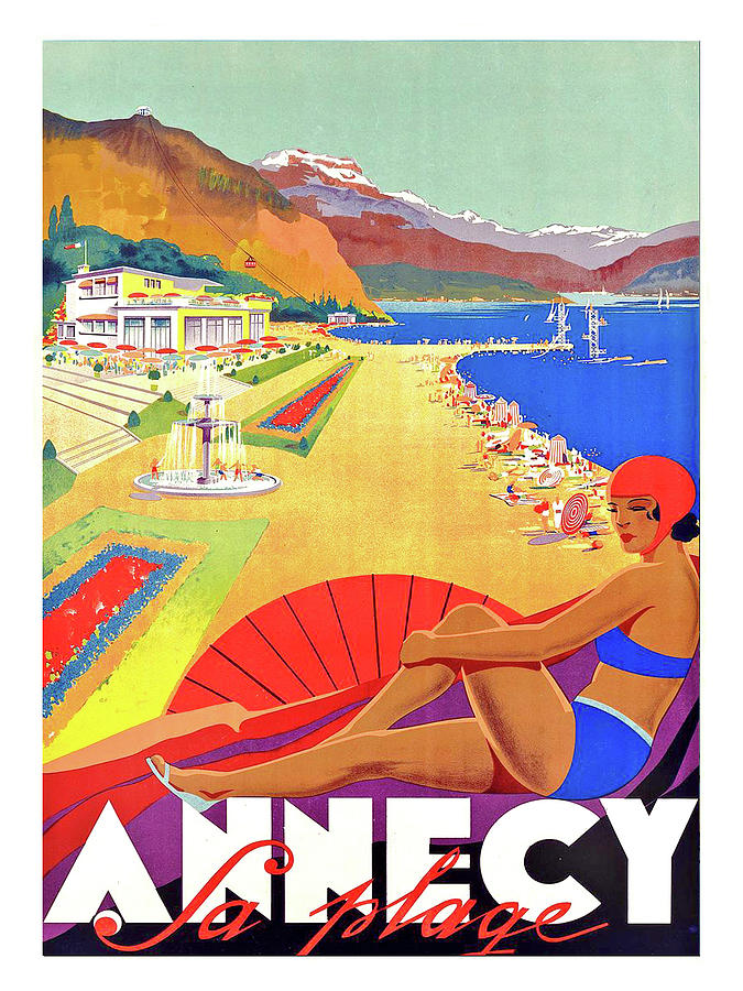 Annecy beach lake, France, bikini woman Painting by Long Shot