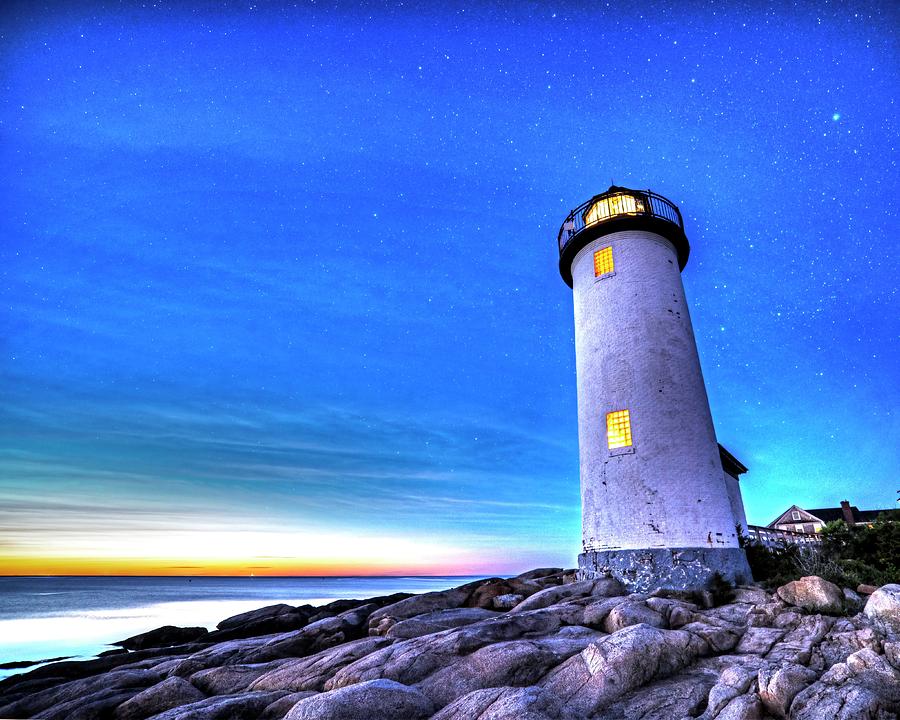 Annisquam Lighthhouse Gloucester MA Under the Starry Sky Sunset Photograph by Toby McGuire