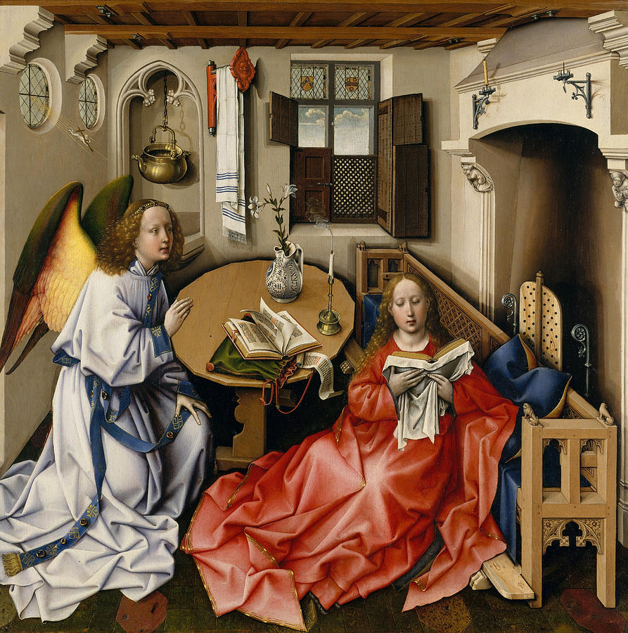 Madonna Painting - Annunciation Triptych, Merode Altarpiece, central panel by Robert Campin