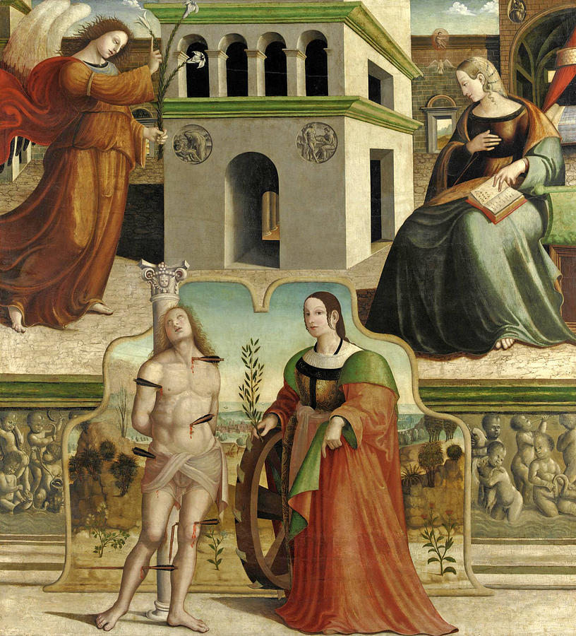 Annunciation with Saints Sebastian and Catherine of Alexandria Painting by Francesco Fantoni da Norcia
