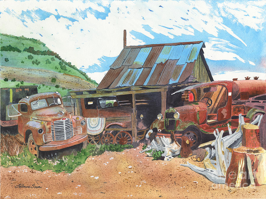 Another Mans Treasure, Antique Trucks, Arizona Painting by LeAnne Sowa