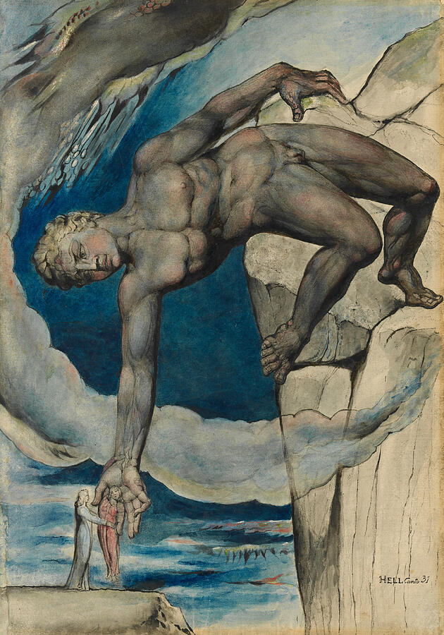 Antaeus setting down Dante and Virgil in the Last Circle of Hell, from 1842-1827 Painting by William Blake