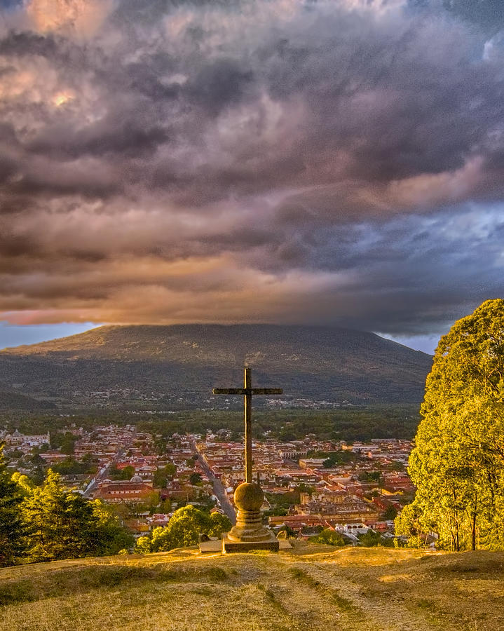 Antigua, Guatemala - View from Above with Cross, Volcano, and Clouds Photograph by Mitch Spence