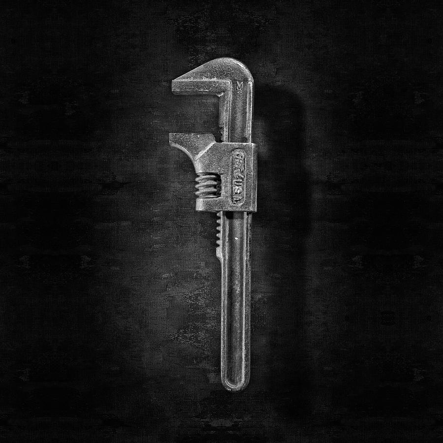 Antique Adjustable Wrench Front in BW Photograph by YoPedro
